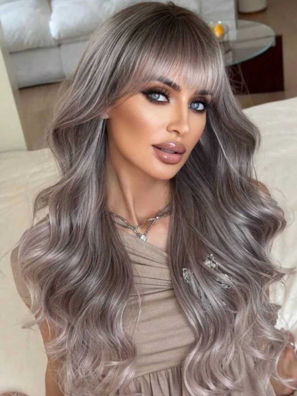 26” Long Wavy Synthetic Wig with Bangs – Ash Brown / Smoky Blonde Blend - Picture 7 of 13